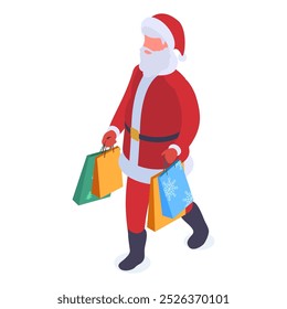 Personaje de Santa Claus. Navidades de caminar isométricas mascota de Santa con bolsas de regalo Ilustración vectorial 3d. Navidades vacaciones Santa Claus en blanco