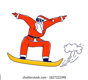 Santa Claus Character Keep Balance on Snowboard. Senior Man in Red Xmas Festive Traditional Costume and Sunglasses Perform Stunt. Christmas Holidays Activity and Spare Time. Linear Vector Illustration