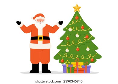 Santa Claus character laughing and waving hands near Christmas Tree. Happy old man in red costume congratulation with holidays. Vector illustration in flat style on white background