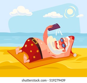 Santa Claus character makes selfie on beach. Vector flat cartoon illustration