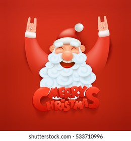 Santa claus character making hard rock sign Merry christmas title Vector illustration