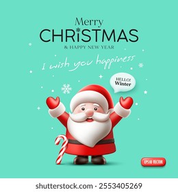 Santa Claus character Merry Christmas, say hello winter poster design concepts of winter holidays on green background, eps10 Vector illustration.