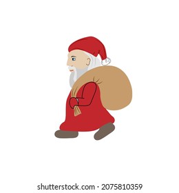 Santa claus character for New Year and Christmas. Flat vector illustration. The festive gnome carries gifts in a bag behind his back. Funny cute design for cards, stickers, labels, print, template.