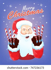 Santa Claus character on magic purple snowy background.