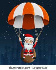 Santa claus character in Para suit vector background design. Cute christmas character santa claus flying with Para suit and carrying bag or sack with happy face in snow falling night background. 