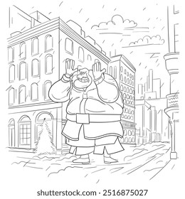 Santa Claus character, pised santa claus character standing in between the road in the city with snowing in the background at night. 