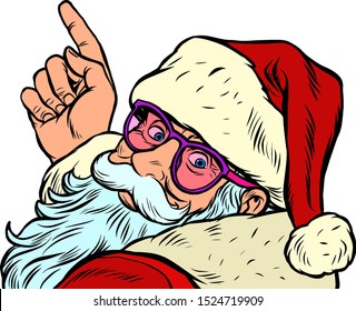 Santa Claus character is pointing merry Christmas and happy new year. Pop art retro vector illustration vintage kitsch drawing 50s 60s