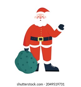 Santa Claus character with present sacks in hand waving on isolated white background. Vector illustration cartoon flat style.
