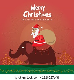 Santa Claus character with presents, cartoon Christmas illustration with Christmas Background Funny happy , For Christmas cards, banners, tags and labels and to Facebook upload