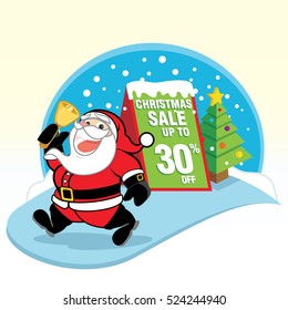 Santa Claus character presents a Christmas sale up to thirty percent off symbol on a board