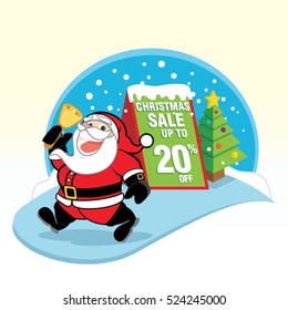 Santa Claus character presents a Christmas sale up to twenty percent off symbol on a board