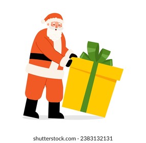 Santa Claus character pushes big gift box. Happy old man in red costume congratulates Christmas holiday. Vector illustration in flat style on white background