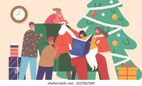 Santa Claus Character Read Stories to Children, Saint Nicholas Sitting on Armchair at Decorated Fir-Tree with Book in Hands Reading to Little Kids at Eve Night. Cartoon People Vector Illustration