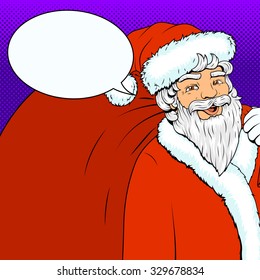 Santa Claus character with red bag and text bubble pop art retro style vector illustration