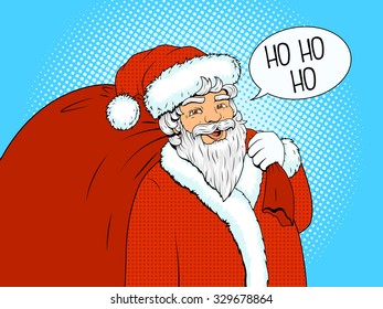 Santa Claus character with red bag and text bubble pop art retro style vector illustration