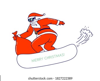 Santa Claus Character in Red Festive Traditional Costume and Gifts Sack Perform Stunts on Snowboard. Merry Christmas and Happy New Year Holidays Activity and Spare Time. Linear Vector Illustration