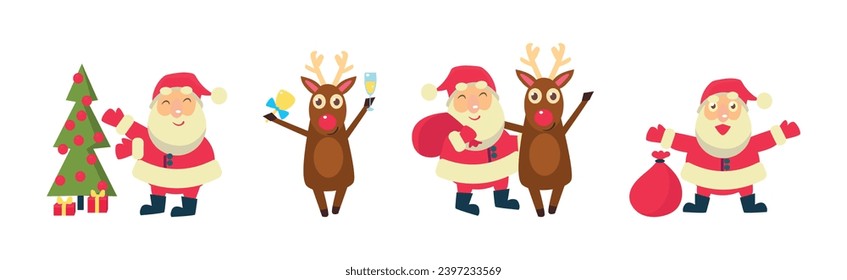 Santa Claus Character in Red Hat and Reindeer Greeting with Merry Christmas Vector Set