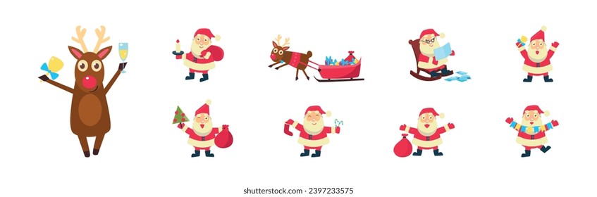 Santa Claus Character in Red Hat and Reindeer Greeting with Merry Christmas Vector Set