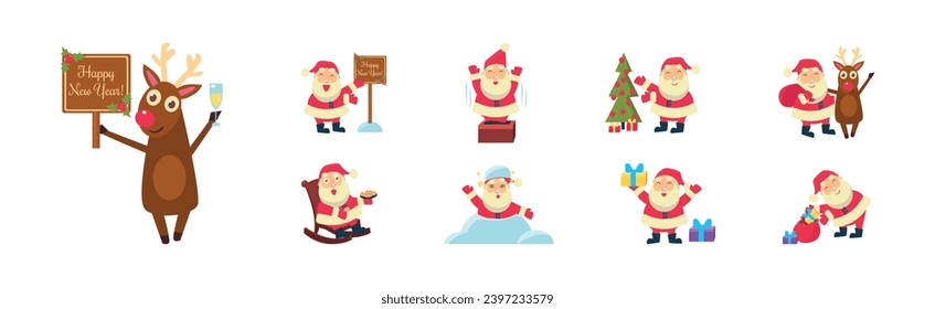 Santa Claus Character in Red Hat and Reindeer Greeting with Merry Christmas Vector Set