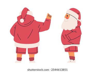 Santa Claus character in red outfit Christmas theme minimalist style back and side view red and white color scheme holiday design