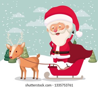 santa claus character with reindeer in snowscape