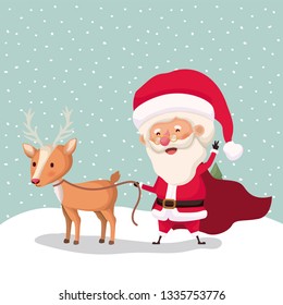 santa claus character with reindeer in snowscape