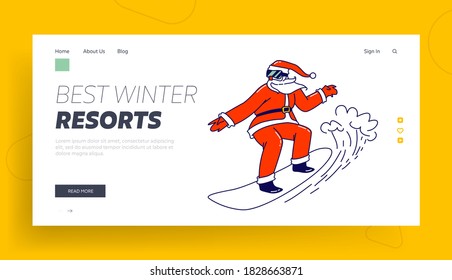 Santa Claus Character Riding Snowboard Landing Page Template. Father Noel in Sunglasses and Red Costume Perform Extreme Stunts. Christmas Holidays Activity and Spare Time. Linear Vector Illustration