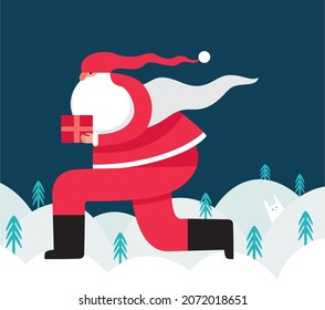 Santa Claus character is running and holding a box with Christmas present. Flat vector illustrationÂ 