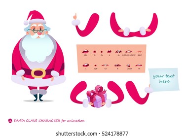Santa Claus character for scenes.Parts of body template for design and animation.Funny cartoon.Vector illustration isolated on white background. Set for character speaks animations.Christmas.New Year.