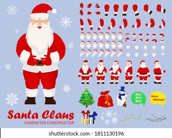 Santa Claus character set for the animation with various views, hairstyle, emotion, pose and gesture. Santa in different keyframes. Santa claus with beard in xmas costume.