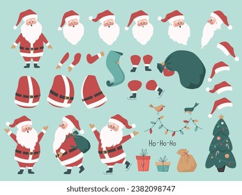 Santa Claus character set for the animation with various views, beard style, emotion, pose and gesture. Santa in different keyframes and decoration elements. Santa claus with beard in xmas costume.