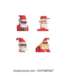 Santa Claus character set. Avatar, portrait, profile picture. Happy New Year. Pixel art. Flat style. Game assets. 8-bit. Isolated vector illustration. Design for logo, sticker, app.