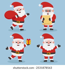 Santa Claus character set: carrying sack, holding list, present, and waving. Vector illustration