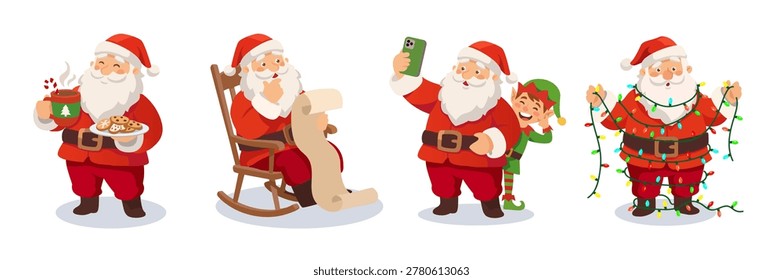 Santa Claus Character Set - Funny Christmas Vector Illustrations with Cookies, Nice List, Selfie with Elf and Christmas Lights on White Background
