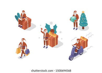 Santa Claus Character set. Happy Santa uses a laptop, shopping online, preparing and delivering Gifts. Merry Christmas and Happy New Year Concept. Flat isometric vector illustration.
