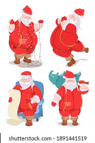 Santa claus character set. Santa in traditional red costumes. Funny Santa Claus character with presents, bag  waving and greeting. Modern Santa Claus. Vector illustration  