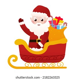 Santa Claus character sitting in sledges with bag with gift boxes in cartoon style on white background, clip art for poster design or greetings cards, invitations