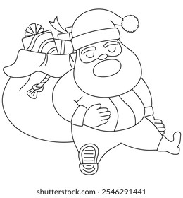 Santa claus character sleeping lean gift bags or drawstring bags line outline doodle hand drawn cartoon. Human-made. Not generated by AI.
