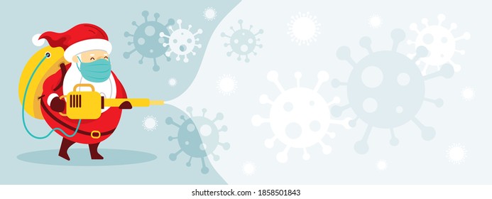 Santa Claus Character Spraying Alcohol. Prevention of Coronavirus Covid-19 Concept.