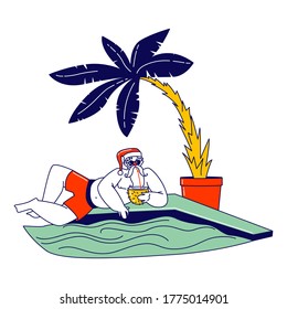 Personaje de Santa Claus en gafas de sol sobre una manta con bebida de coco bajo palmera tropical. Vacaciones navideñas y de Año Nuevo, clima cálido, Ocean Beach Resort. Ilustración de vectores lineales