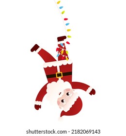 Santa Claus character tangled up in a garland and hanging upside down with string of lights in cartoon style on white background, clip art for poster design or greetings cards, invitations