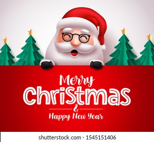 Santa claus character vector christmas greeting template. Christmas santa claus holding greeting board with space for messages in white background. Vector illustration.