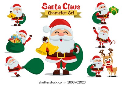Santa claus character vector set. Santa christmas cartoon characters holding sack of gifts, bell and candy cane elements for xmas holiday collection design. Vector illustration  