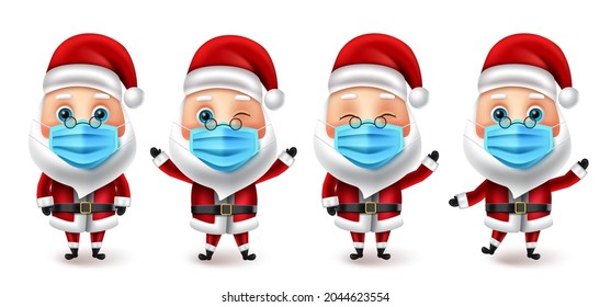 Santa claus character vector set. Christmas santa collection wearing face mask for covid-19 campaign for new normal xmas elements design. Vector illustration.
