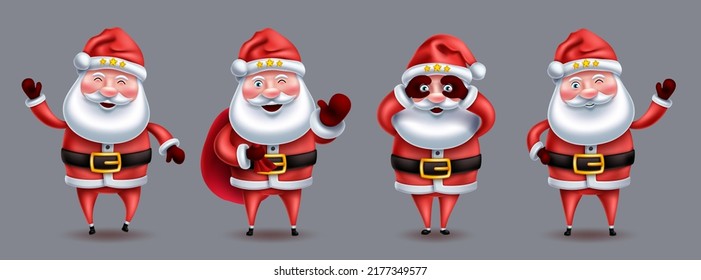 Santa claus character vector set. Christmas santa in 3d cute characters with standing, playful and waving pose and gestures for xmas collection design. Vector illustration.
