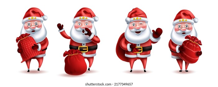Diseño de conjunto de vectores de caracteres Santa claus. Colección de personajes Santa claus 3d conteniendo saco de regalo aislado de fondo blanco para regalos navideños. Ilustración vectorial.

