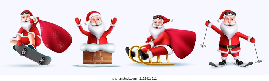 Santa claus character vector set. Santa claus 3d playful characters in skating, riding sled and skateboard isolated in white background for xmas person collection design. Vector illustration.
