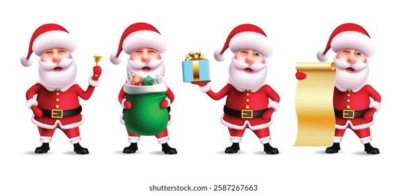 Santa Claus character vector set. Santa Claus in 3d realistic Christmas characters with gift, bag and scroll in cute facial expression for xmas collection design. Vector illustration.
