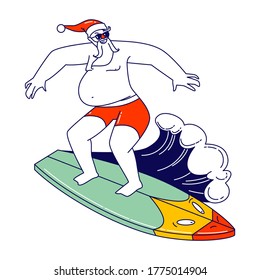 Santa Claus Character Wearing Christmas Hat and Red Panties Surfing Ocean Wave on Surf Board. Tropical Summer Time Vacation, Water Recreation, Summer Hot Xmas Holidays. Linear Vector Illustration