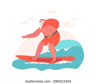 Santa Claus Character Wearing Christmas Hat and Red Shorts Surfing Ocean Wave on Surf Board. Tropical Summer Time Vacation, Water Recreation, Summer Hot Xmas Holidays. Cartoon Vector Illustration